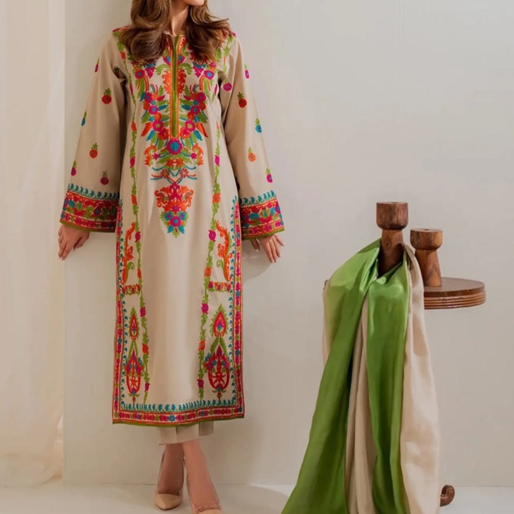 Pakistani Indian Desi Outfit Beige Long Sleeve Dress with Multicolor embroidery